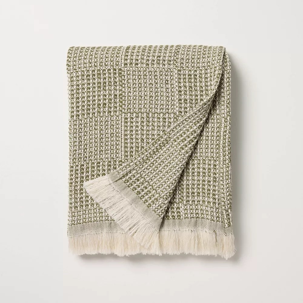 Hearth & Hand Magnolia Throw Blanket Checkered Knit Green Neutral Farmhouse‎